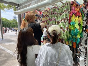 全国から届いた折り鶴を捧げるお手伝いをしている様子